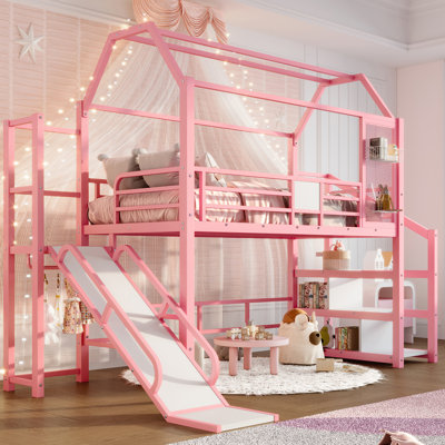 Twin House Loft Bed with Slide & Stairs, Metal Playhouse Design, Storage Shelves, Noise-Free, Kids’ Room Fun & Safe Bed, Pink