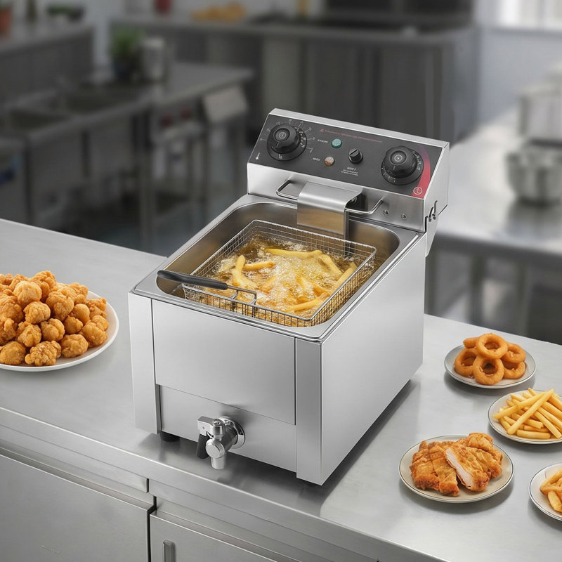 Commercial Electric Deep Fryer, Oil Filtration Upgrade, 9.51 Qt, 1750W Stainless Steel Countertop Fryer with Basket and Lid, Temp Control, Oil Drain Valve for Commercial Restaurant Use, Silver