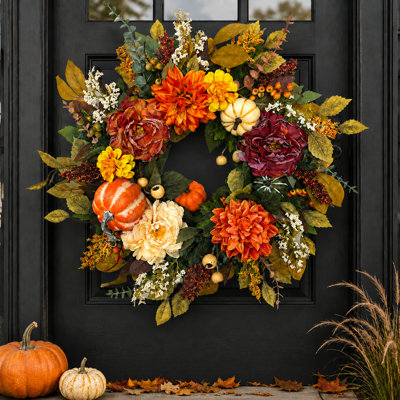 24 Inch Fall Wreaths for Front Door Decor with Pumpkins for Thanksgiving