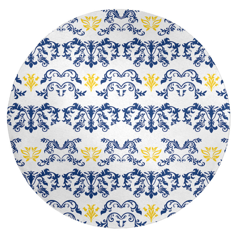 Tapis rond rond damassé à motif baroque blanc