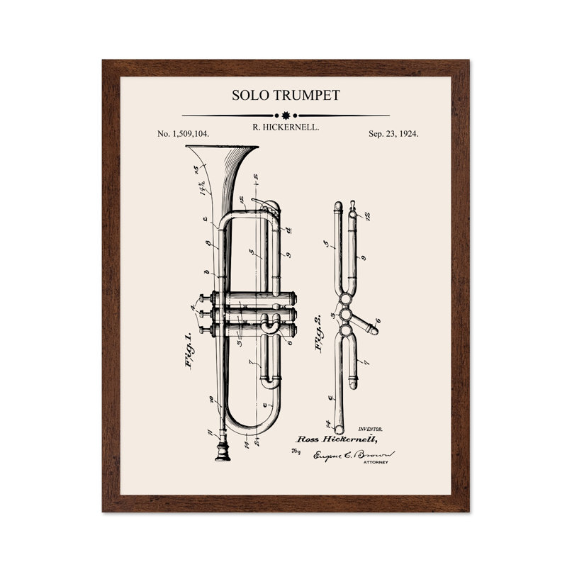 Trompette Blueprint No2, Poster, 08"H x 10"W, Brown Framed