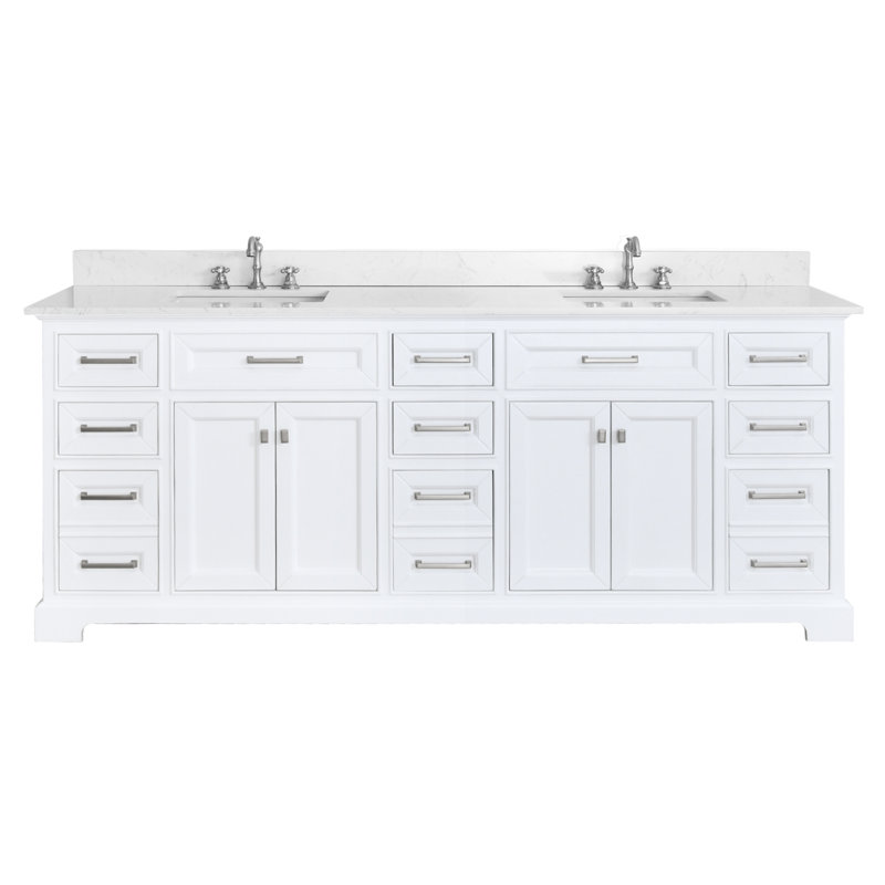 Angela 84” Double Bathroom Vanity With White Engineered Marble Stone Rectangular Sink