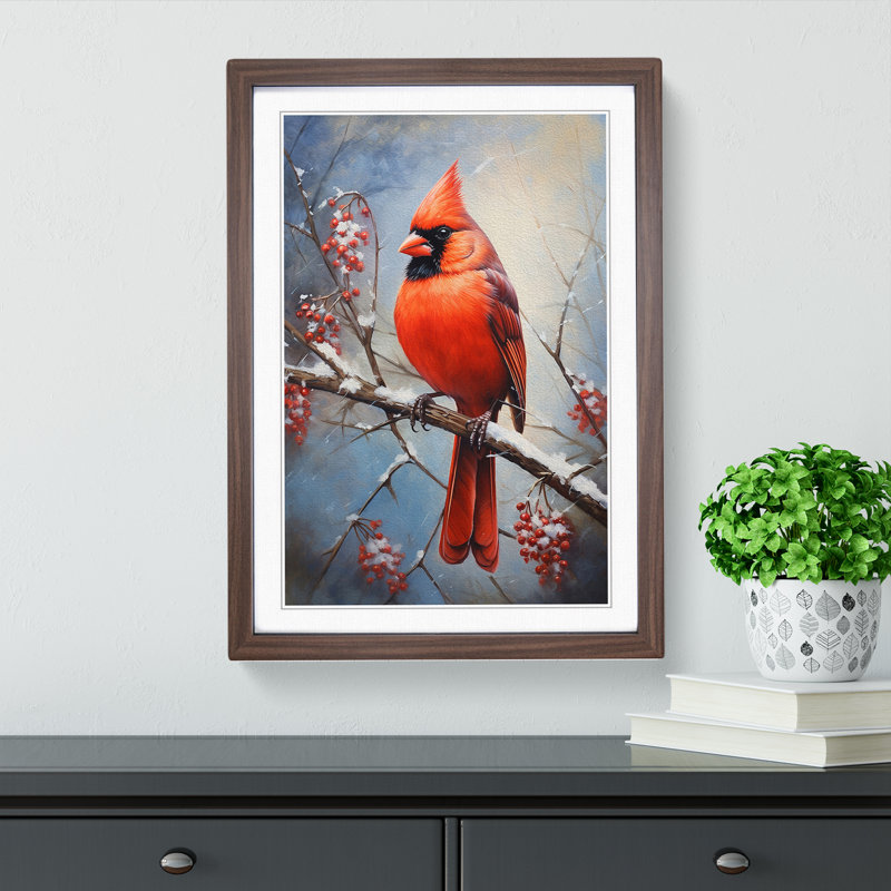 Cardinal Bird Modern - Single Picture Frame Print on Wood, Walnut Framed, 34cm H x 25cm W x 2cm D