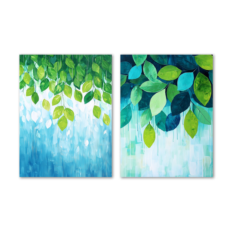 Forêt, laisser les verts sous la pluie - ensemble d'art mural en métal botanique bleu, 32" H x 48" W