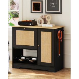 Feeding Station With 2 Lockers, Pet Feeding Station With 2 Elevated Dog Bowls, Side Hooks, Anti-Tipping Kit, Hidden Pet Feeding Station For Feeding And Watering, Rattan Door, Black