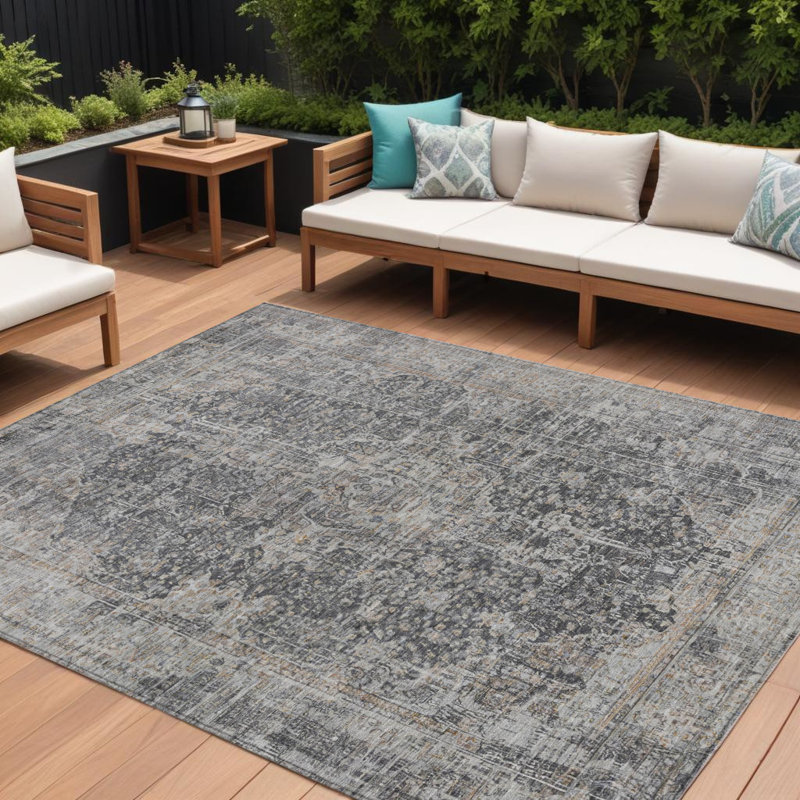 Tapis extérieur lavable abstrait gris anthracite et argent 8 pi x 10 pi