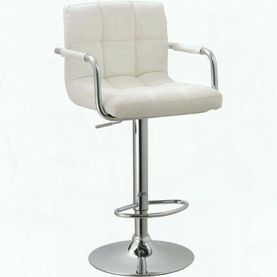 Contemporary Adjustable Swivel Arm Bar Stool – White Leatherette – Grid‑Pattern Stitching