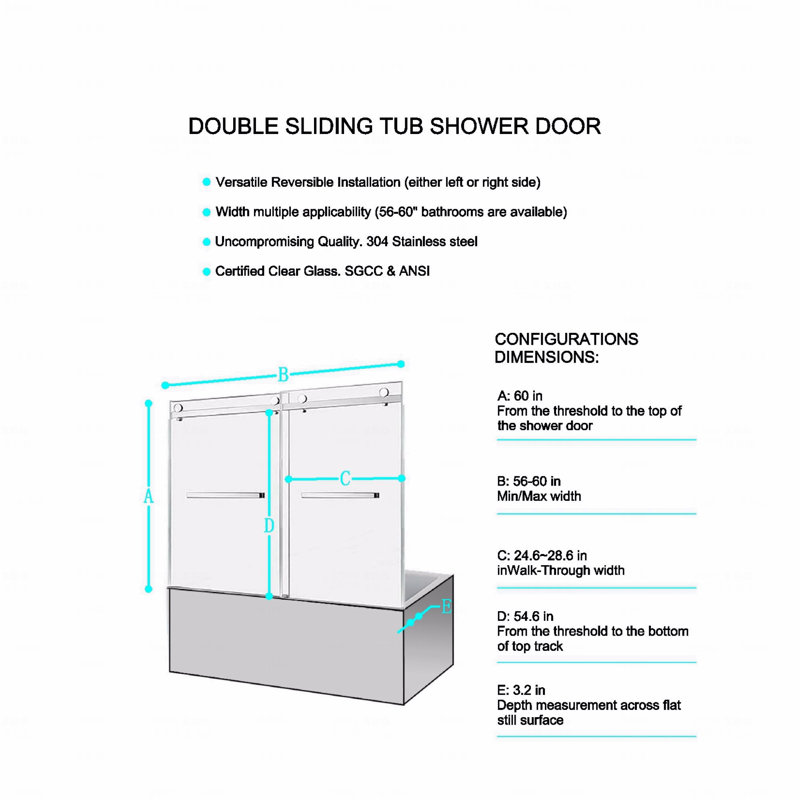 56-60"W X 60"H Frameless Design Double Sliding Opening Tub Shower Door  - 304 Stainless Steel In Matte Black, 5/16" (8Mm) Thick Clear Tempered Glass