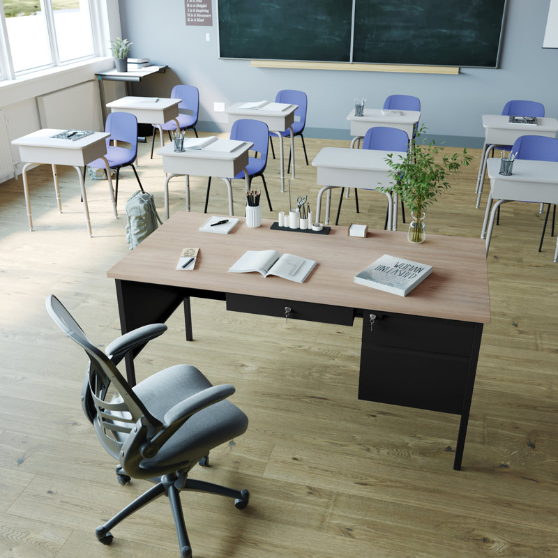 Bureau à simple caisson 60 po Cambridge avec 3 tiroirs verrouillables Cambridge, Chêne blanc