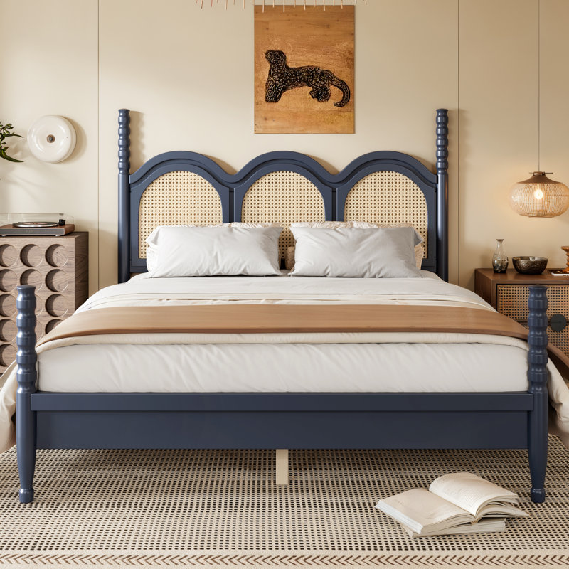 Lit plateforme Queen Size avec tête de lit arquée tissée, cadre de lit à baldaquin en bois, tête de lit incurvée, rangement sous le lit, bleu