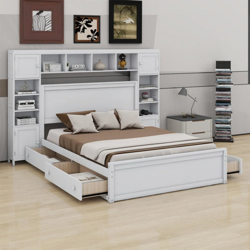 Lit en bois avec armoire, tablette et prises tout-en-un, Blanc