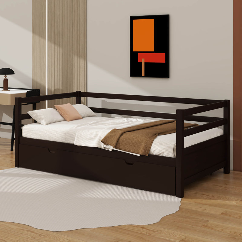 Ensemble de lit de jour avec cadre de lit gigogne sous le lit - taille simple, Espresso