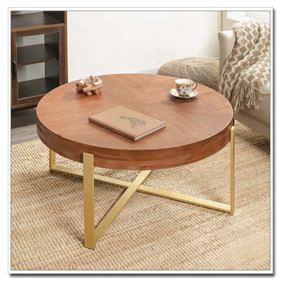 Round Coffee Table,Fir Wood Table Top with Gold Cross Legs Base