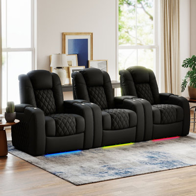 Siège de jeu pour fauteuil de cinéma inclinable électrique en cuir fleur avec plateau de chargement USB et porte-gobelets (ensemble de 3)