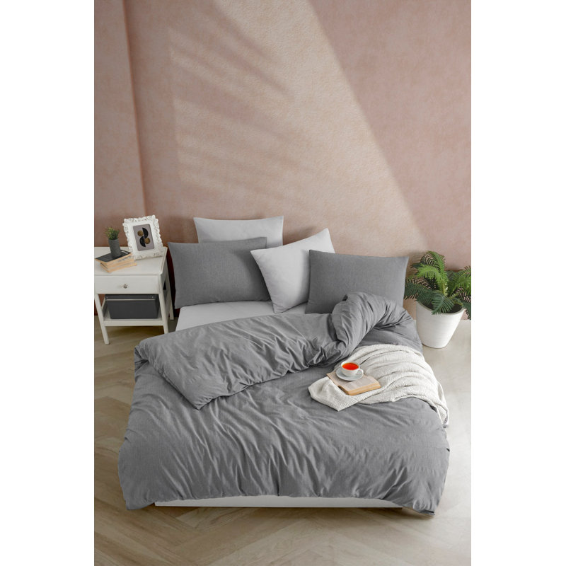 Double Quilt Cover Set (3 Pieces), Anthracite, 78.7 x 86.6 inches | 70% Cotton / 30% Polyester, Machine Washable, Pigment Printing, Button Closure | Soft & Durable for Cozy Bedrooms