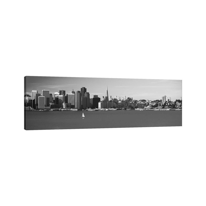 San Francisco Panoramic Skyline Cityscape (Black & White) - Wrapped Canvas Panoramic Print