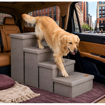 Small/Medium/Large old dogs and cats can use these Light Grey storage stairs at high beds, couches, windows or a car; the 4-Step wide structure stands 23" H, has sturdy non-slip footing and is rated Up to 220lbs