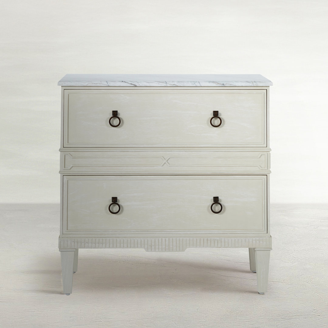 Archie 2 - Drawer Solid Wood Nightstand in Cerused White/Agros White Stone/Antique Bronze Gabby