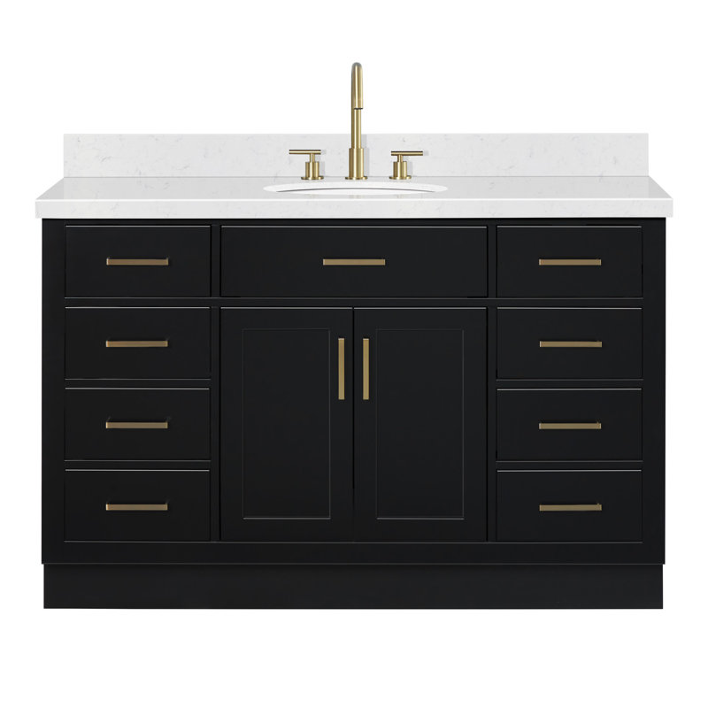 Tidworth 54'' Solid Wood Single Bathroom Vanity with 1.5'' Carrara Quartz Top Sink, Black / Satin Brass, Oval