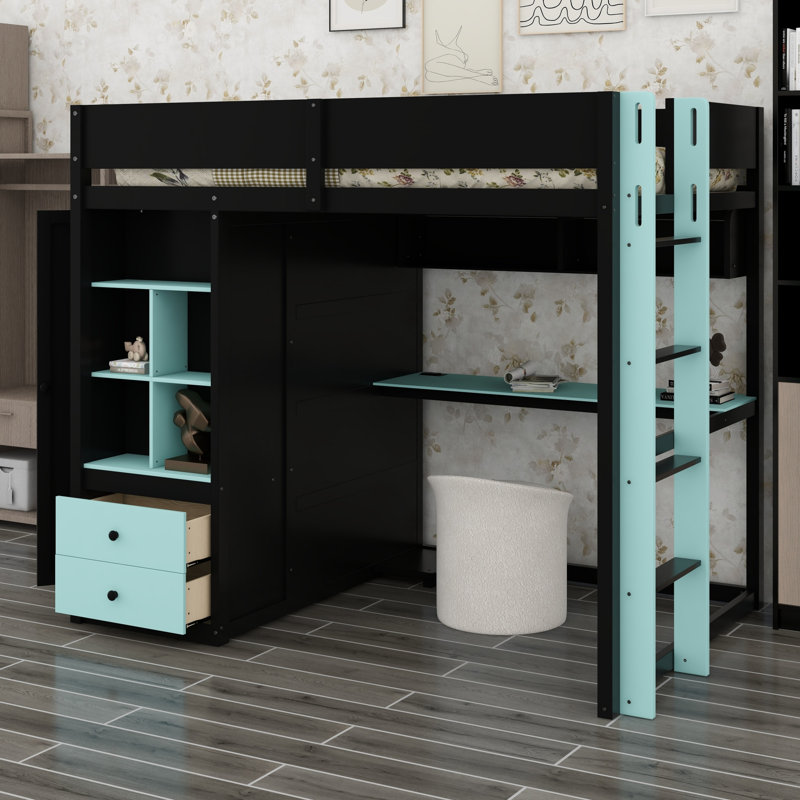 Cadre de lit mezzanine avec armoire et bureau, bande DEL contrôlable par application intelligente, ports de chargement USB pratiques