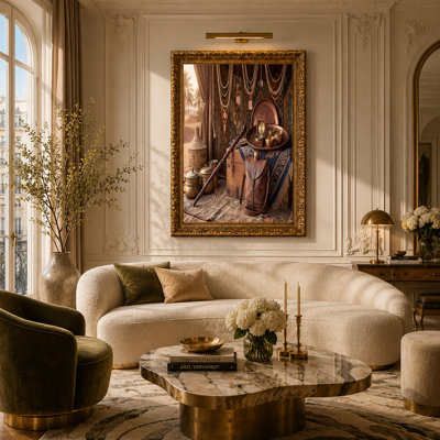 Art rétro sur toile, boussole et sac en cuir