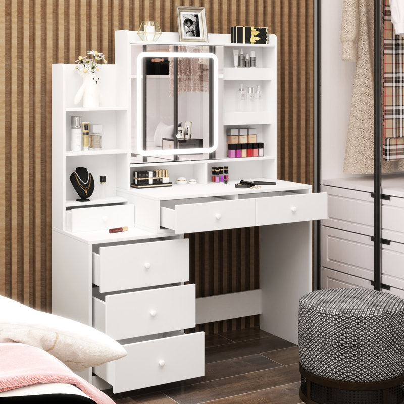 Coiffeuse de maquillage avec 6 tiroirs, blanc, miroir coulissant, 3 modes d'éclairage, luminosité réglable, lumières blanches à utiliser dans la chambre à coucher, 5 rangements