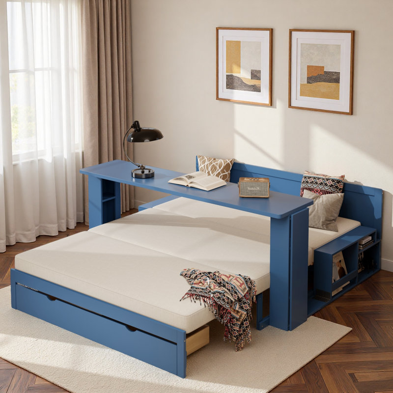 Multifunctional Daybed With Storage Drawer, Open Compartments And Hydraulic Side Table, Blue 
