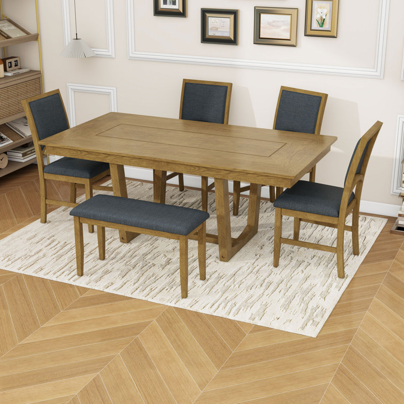Ensemble de table de salle à manger extensible 6 pièces avec rallonge amovible, 4 chaises rembourrées et banc, Marron clair