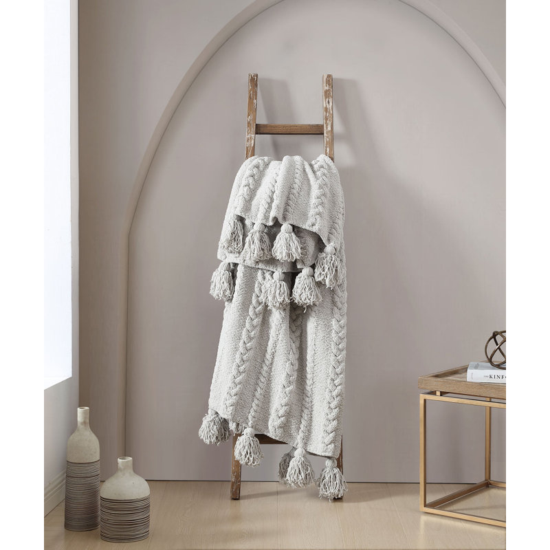 Cloud Gray Braided Pom Pom Throw Blanket