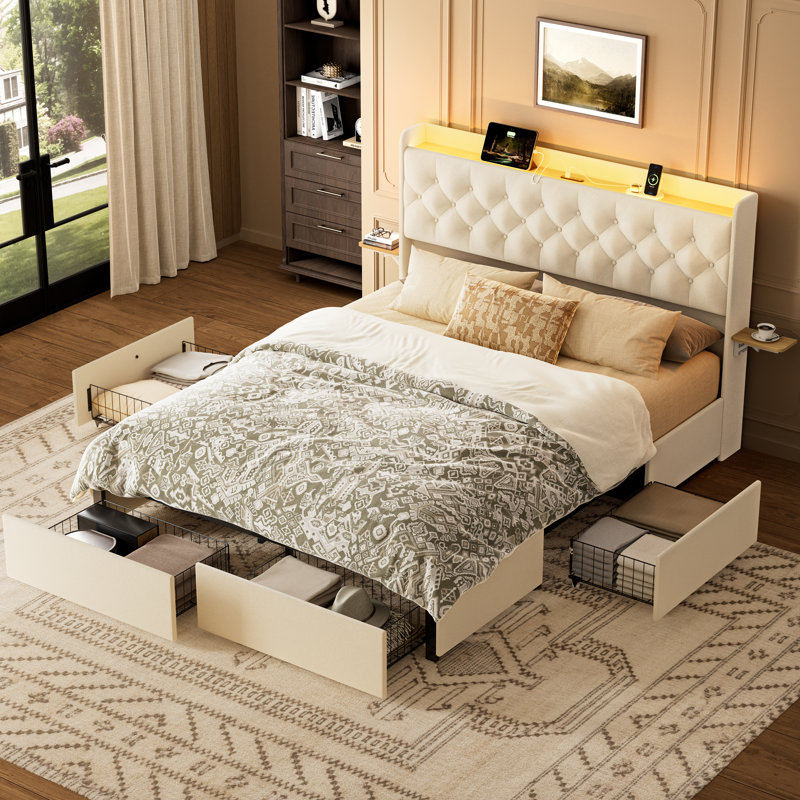Upholstered Queen Platform Bed with 4 Storage Drawers, Storage Bed with LED light & Charging Station, Velvet Tufted Headboard with Adjustable Bedside Tables, No Box Spring Needed, Beige