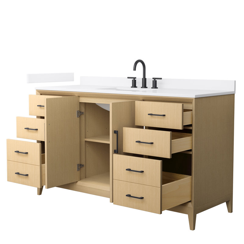 Janna 60" Freestanding Single Bathroom Vanity with Quartz Top, Matte Black, 8" Centers, White Quartz