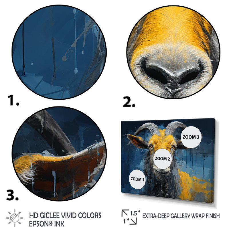 Chèvre jaune et bleu, prairie, portrait II - art mural de chèvre, Cadre flottant blanc, H 16 po x l 32 po x P 1 po