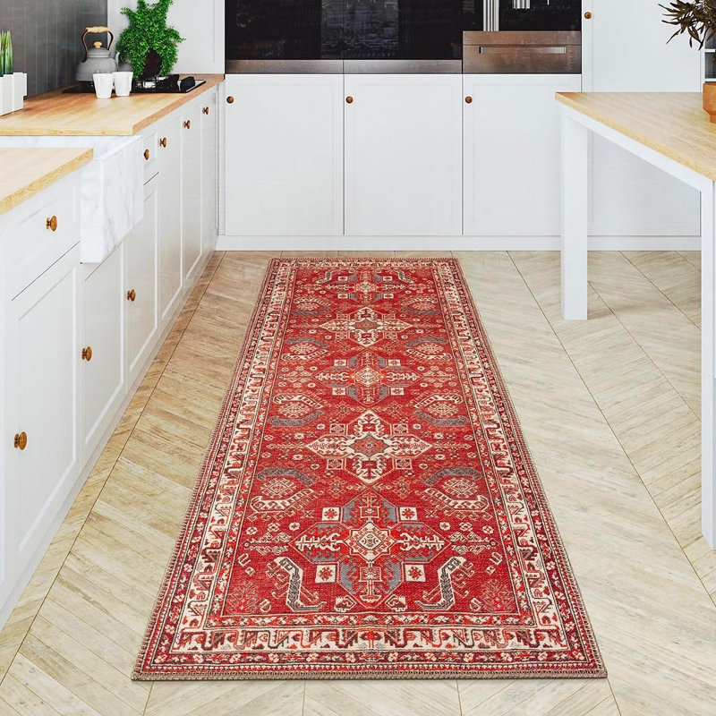 GLN Rugs Vintage Collection - Machine Washable Area Rug, Vintage Washable Rug, Non Slip Area Rug, Low Pile Living Room Rug, Bedroom Rug, Bathroom Rug - Easy Clean (Red and Beige Rug)