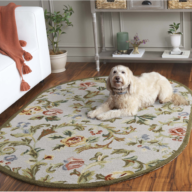 Tapis floral en laine crocheté à la main Chelsea, Ovale 4 pi 6 po x 6 pi 6 po
