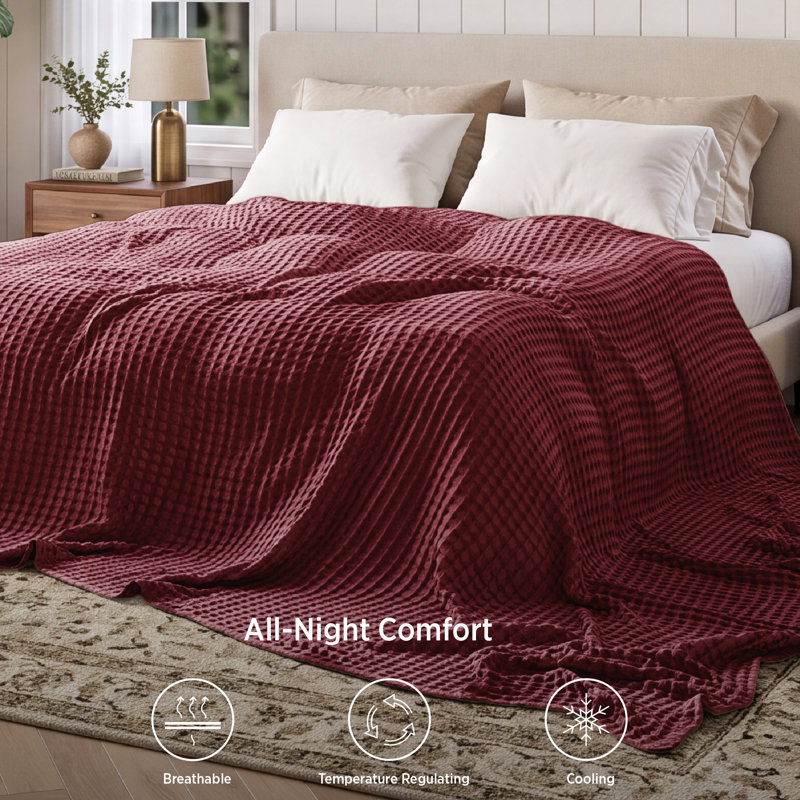 Bedsure Cotton & Rayon from Bamboo Waffle Blanket, Lightweight and Breathable for Year-Round Comfort, King, Tibetan Red