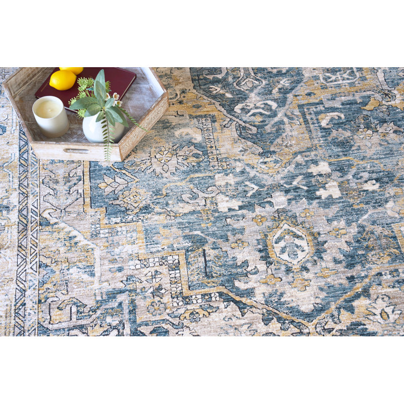 Antique Loom Blue/Beige Polyester powerloom Area Rug, Rectangle 8' x 10'