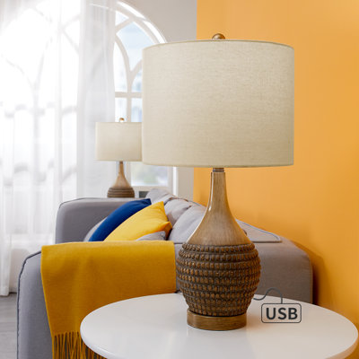 25" Farmhouse Resin Table Lamp 3-Way Dimmable with USB Soft Lighting for Bedroom Living Room