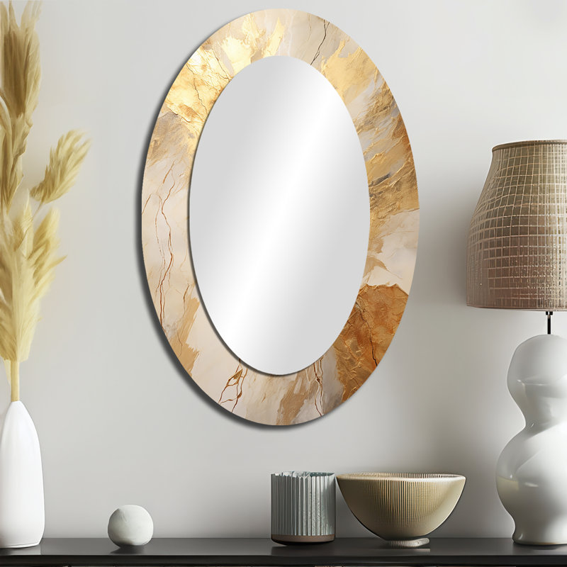 Beige And Gold Marble Lightning - Abstract Oval Decorative Mirror On Metal, 36" x 24"