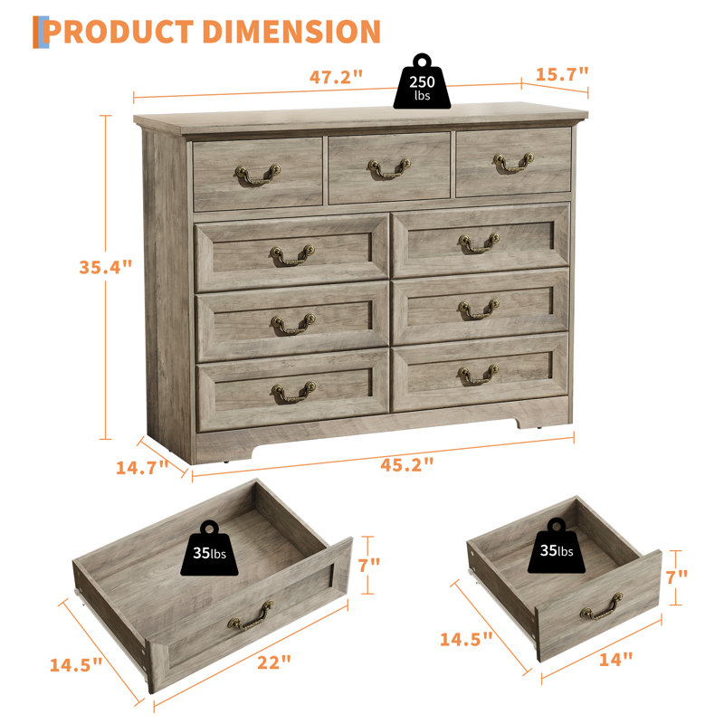 Commode 9 tiroirs pour chambre à coucher, commode de 47 po en bois rétro avec texture naturelle et poignées florales dorées rétro
