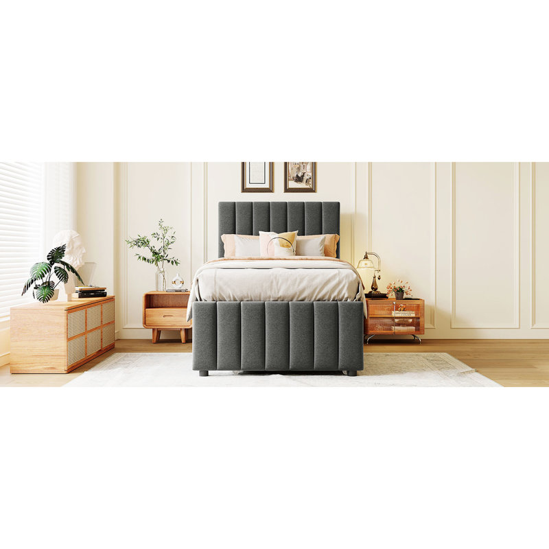 Lit plateforme tapissier simple en tissu de lin gris avec lit gigogne et 3 tiroirs - taille polyvalente et élégante