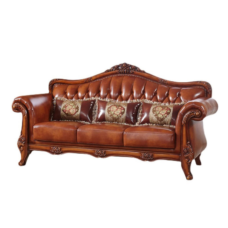 European-style Living Room Carved Sofa. 84.6'' Leather Sofa