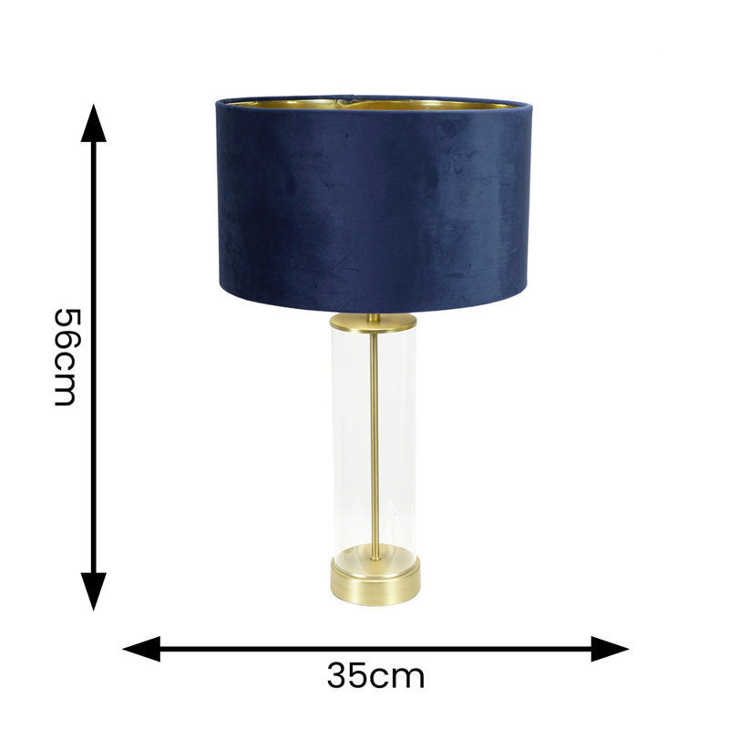 Ahedo Glass with Table Lamp and Velvet with Metallic Inner Lamp Shade and LED Bulb, No, Clear/Gold Base/Blue Shade