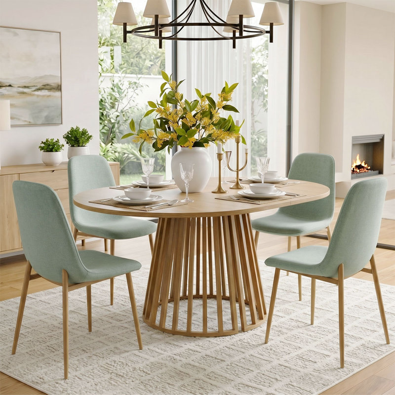 4- Person Dining Table Sets With Extendabe Oval Table & 4 Upholstered Dining Chairs, Turquoise