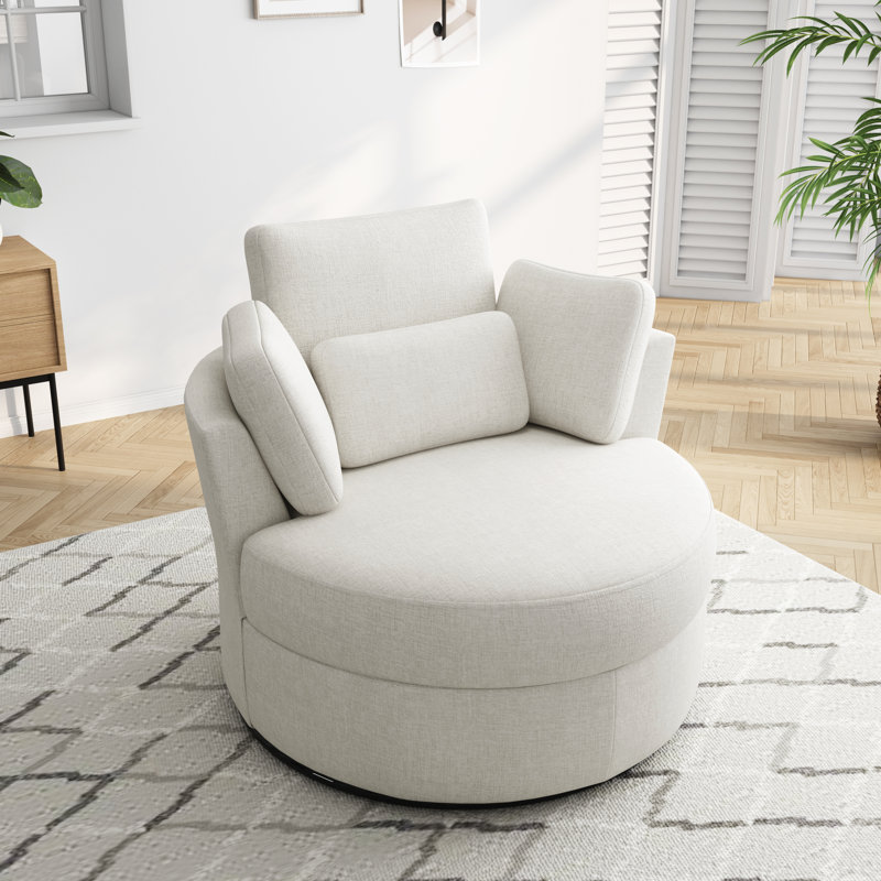 Niama Upholstered Swivel Lounge Armchair With Pillows, Beige Polyester Blend/Polyester