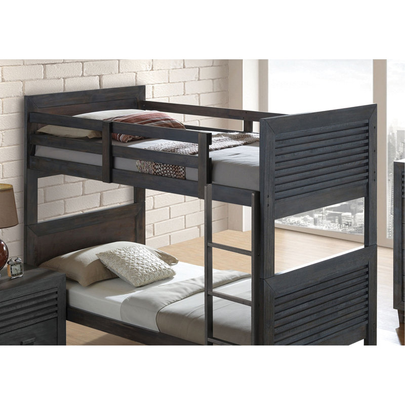 Lit simple superposé au-dessus de style transitionnel avec bois franc massif brun anthracite réversible, conception à lattes, tête de lit à panneaux et joint, bois franc de décoration de chambre à coucher avec brun et transformation en insert