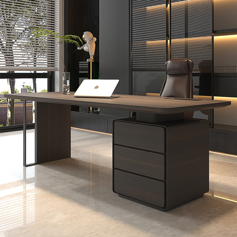 Bureau de luxe 94,49 po avec armoire à tiroirs, prises de courant intégrées sur table, H 29,53 po x l 94,49 po x P 31,5 po