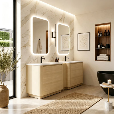 Meuble-lavabo double moderne avec éviers en céramique et armoire de rangement centrale, ensemble d'armoire écologique en contreplaqué sans peinture, portes à fermeture en douceur et tablettes réglables, autoportant