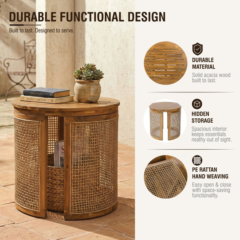 Outdoor Acacia Wood Pe Rattan Sides Round Drum Side Table And End Table