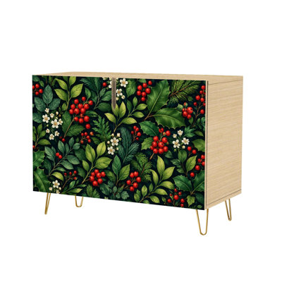 Sideboard Buffet Cabinet with 2 Doors Rich Green Botanical Red Berries White Flowers Modern Accent Console Table Standing Wooden Storage Cupboard Credenza for Kitchen Dining Room Living Room Entryway Coffee Bar Station