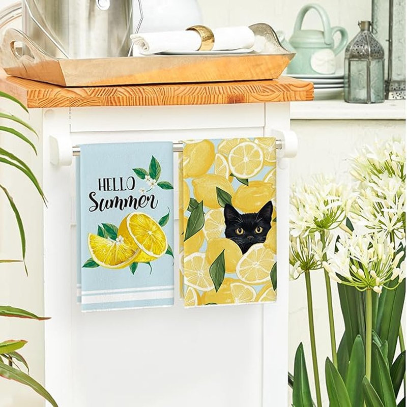 Ensemble de 4 serviettes de cuisine citrons, feuilles et chat noir - Essuie-tout de campagne Hello Summer